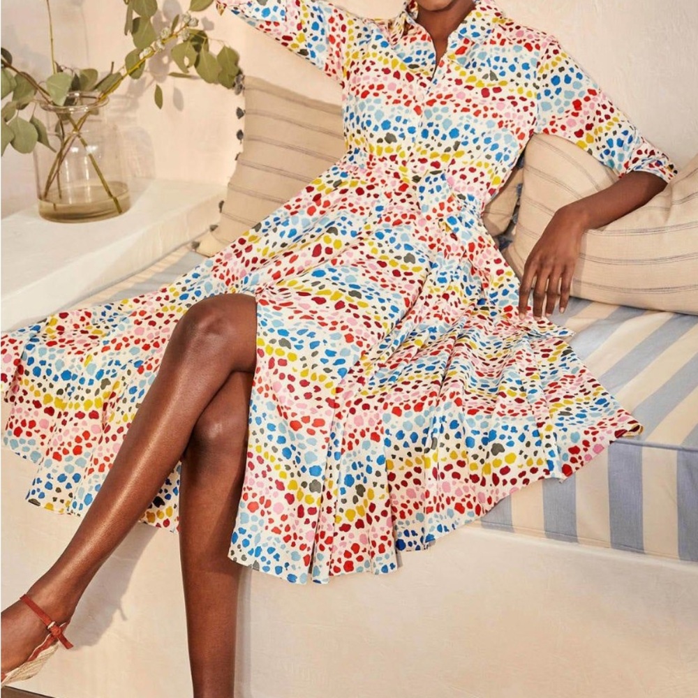 Boden Kitty midi Ivory Rainbow Leopard Button-up Shirt Dress US 8, 100% cotton